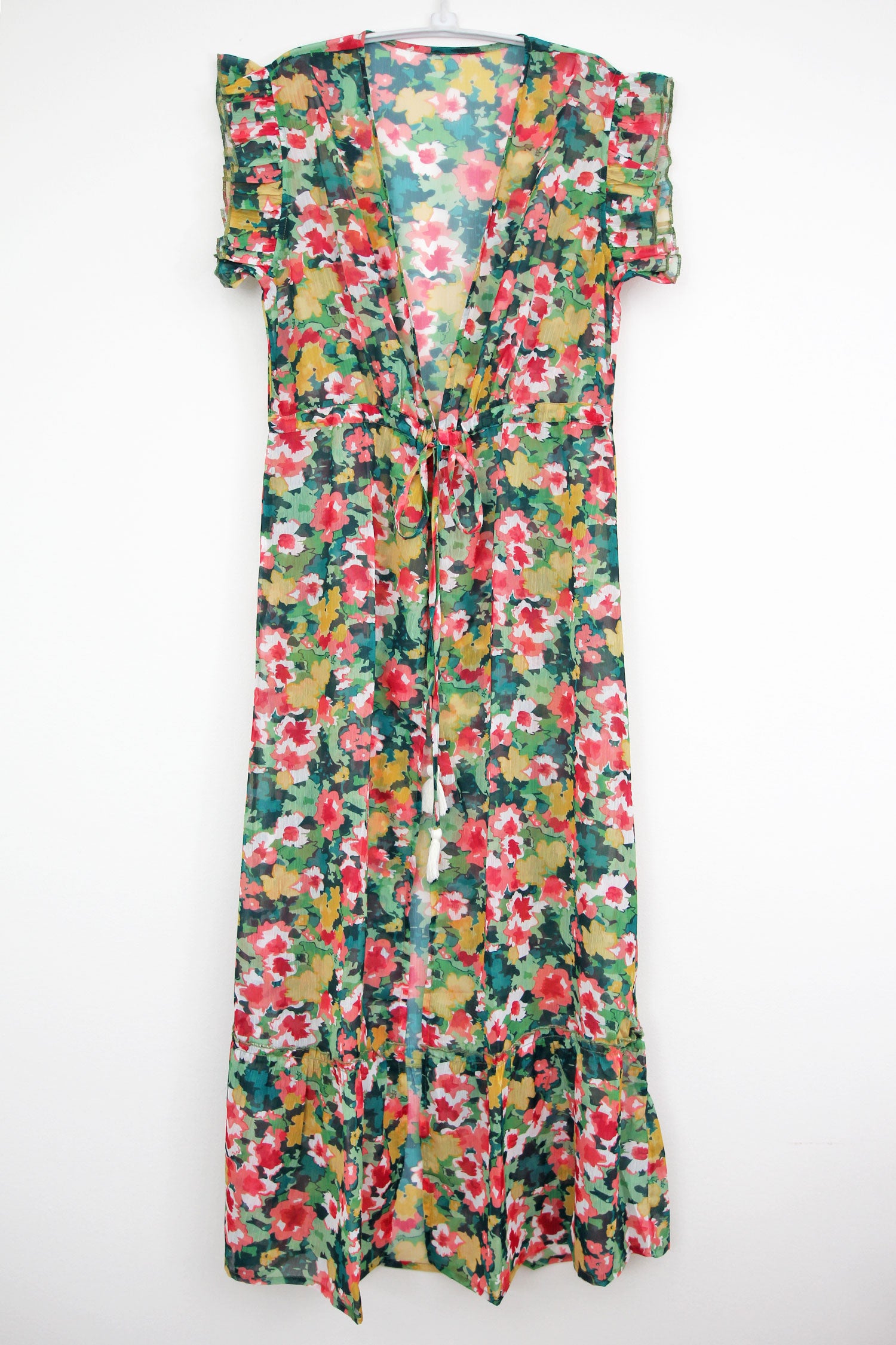 Kimono Duster Ruffle Floral Tropical Green