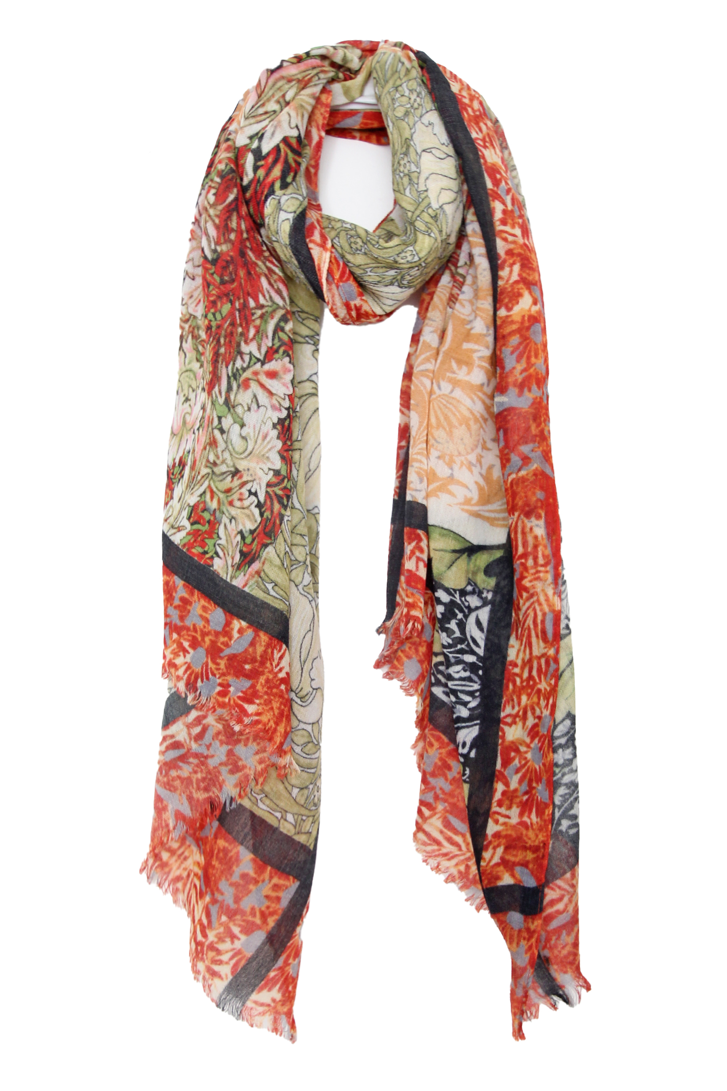 Scarf Wool Floral Panelled Red