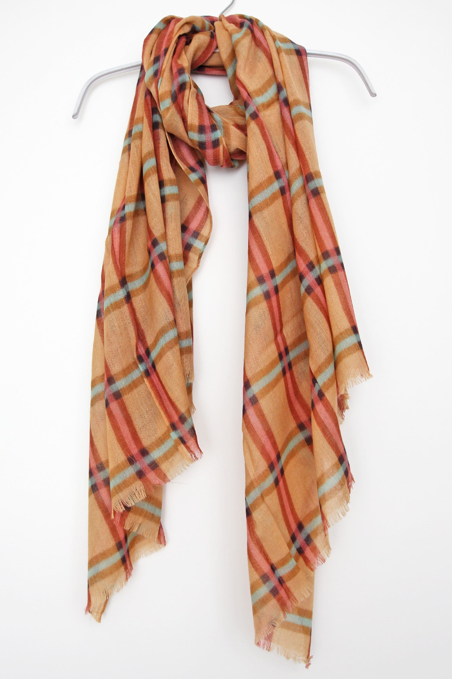 Scarf Wool Plaid Camel Pink