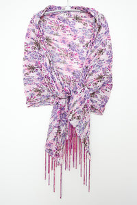 Wrap Pleated Fringe Floral Purple